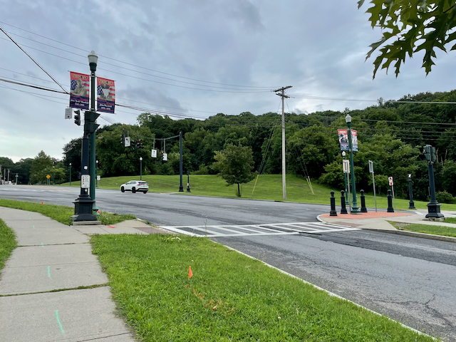 The current junction of Ferry and Congress Streets. Troy NY, with the location of the original junction on the extreme left of the image.