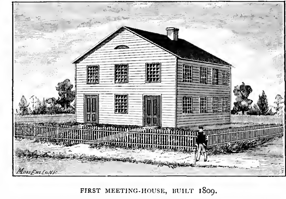 An engraving of the first of the 3 Methodist sanctuaries to be built on State Street, between Williams Street (alley) and Fifth Avenue, in Troy NY.
